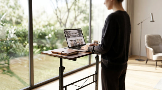 Height-adjustable mobile standing desk in a modern home office