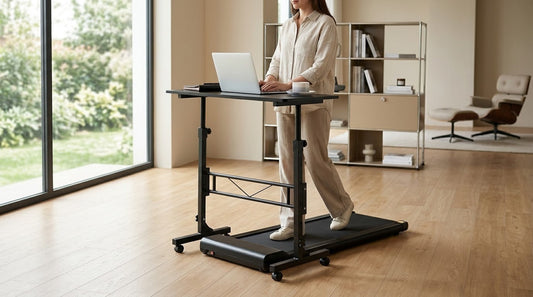Walking pad desk setup with adjustable mobile standing desk for home office