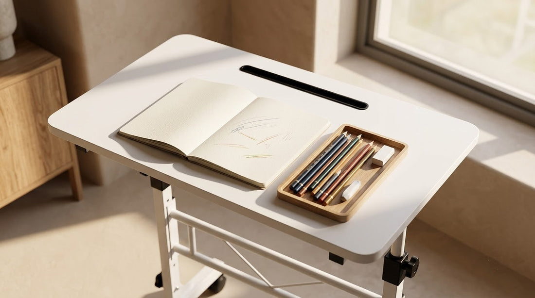 Multi-purpose mobile standing desk setup for work and creative projects at home