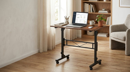 Adjustable rolling standing desk used as a mobile workstation