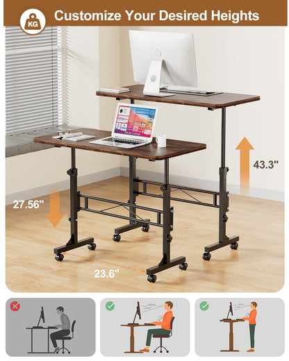 Amztabler Rolling Desk Adjustable Height 27.56 to 43.3 inch – Sit Stand Ergonomic Workstation with Wheels