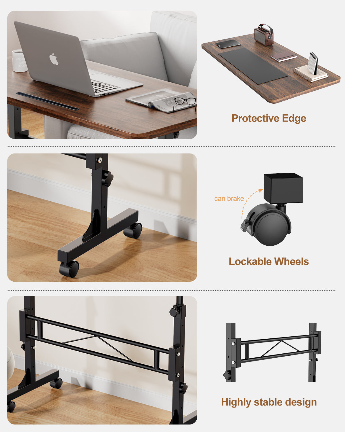 Amztabler Standing Desk Features – Protective Edge, Lockable Wheels with Brake, Highly Stable Steel Frame Design